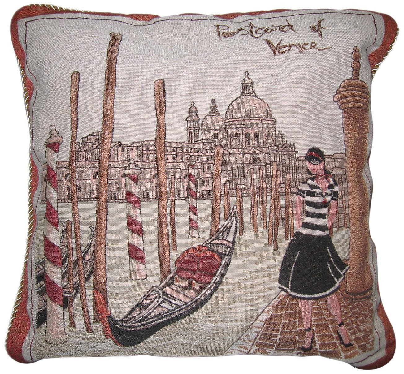 Postcard of Venice Europe Italy Boat Gondola Castle Elegant Novelty Woven Square Accent Cushion Cover Throw Toss Pillow Case- 1-Piece - 18" - Stores Basement - Discount Bedding
