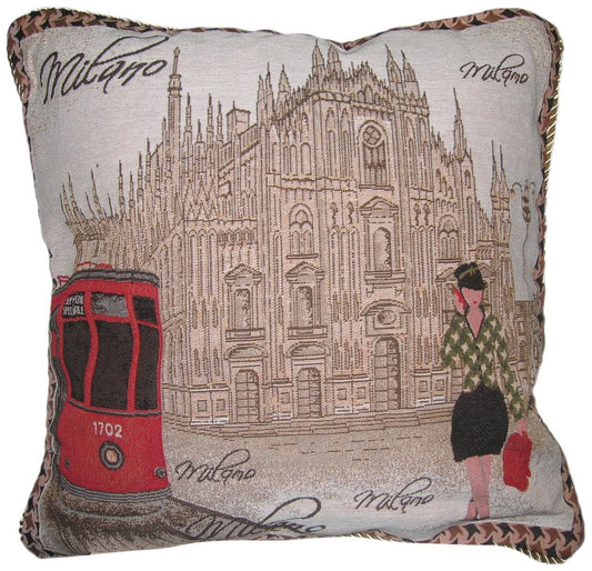 Postcard of Milan Europe Italy Cathedral Castle Elegant Novelty Woven Square Accent Cushion Cover Throw Toss Pillow Case - 1-Piece - 18" - Stores Basement - Discount Bedding