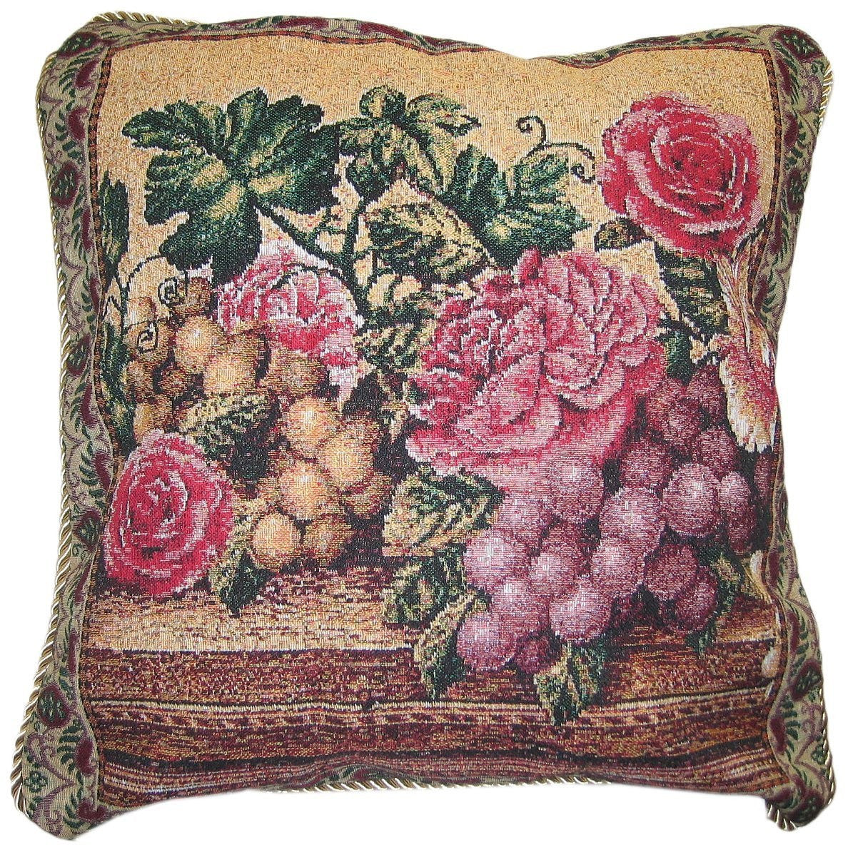 Romantic Parade of Fruit & Roses Botanical Grapes Elegant Novelty Woven Accent Cushion Cover Throw Toss Pillow Case - 18" - 1-Piece - Stores Basement - Discount Bedding