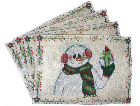 Set of 4-Pieces Magical Snowman Holiday Tapestry Placemats 13” x 19” (9733)