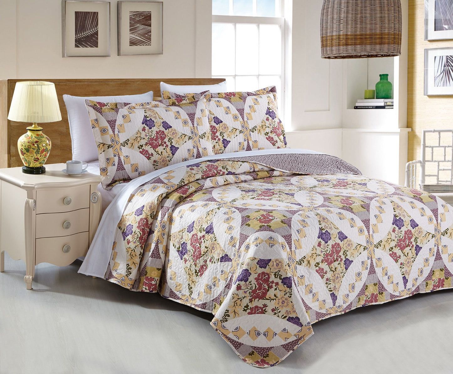 Wisteria Roses Floral Elegant Bohemian Patchwork Quilted Coverlet Bedspread Set (HS-1003) - Stores Basement - Discount Bedding