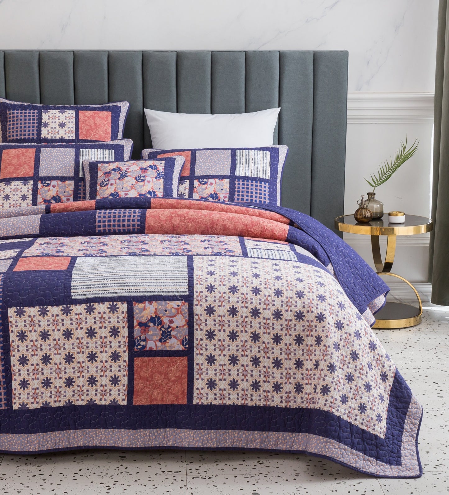 Peachy Blossoms Plum Purple Floral Patchwork Quilted Bedspread Set - Designed in USA (JHW877)