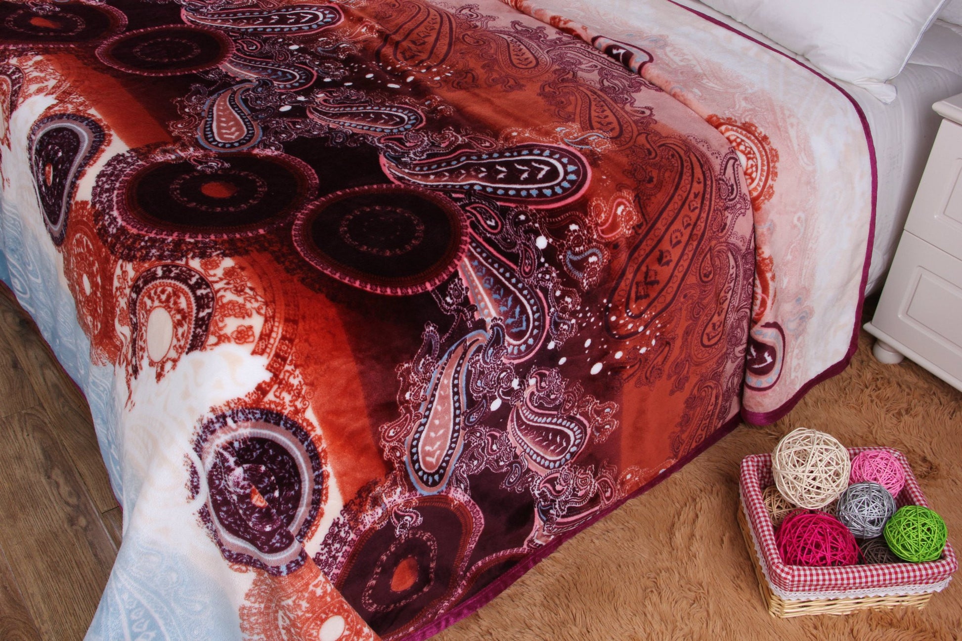 Paisley Dreams Floral Colorful Burgundy Reversible Soft Warm Cozy Plush Luxe Fleece Flannel Throw Blanket (XY0025) - Stores Basement - Discount Bedding