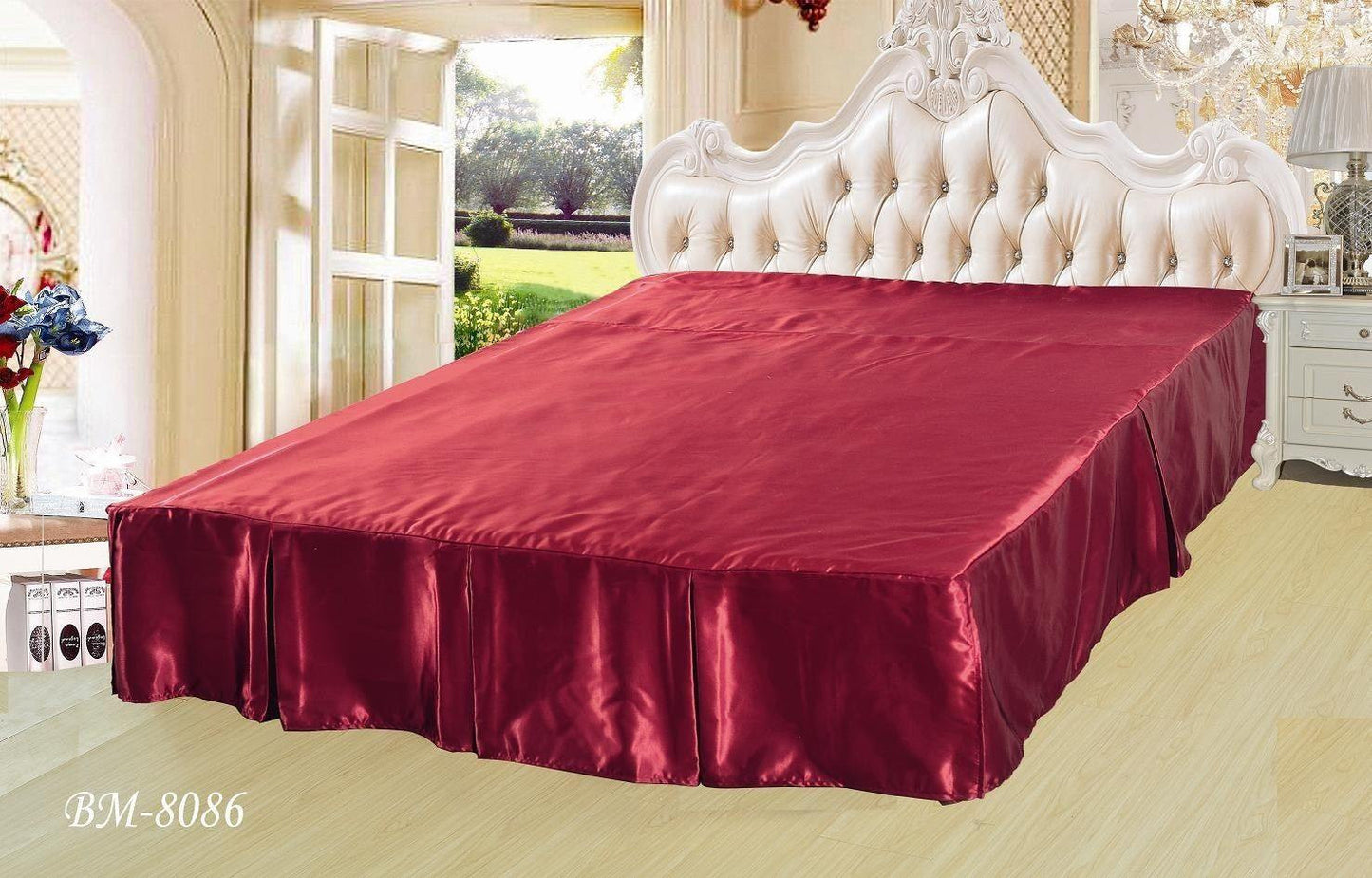 Shiny Solid Sangria Ruby Red Dust Ruffle Pleated Bed Skirt - 14" Drop - Cal King (BS-BM8086) - Stores Basement - Discount Bedding