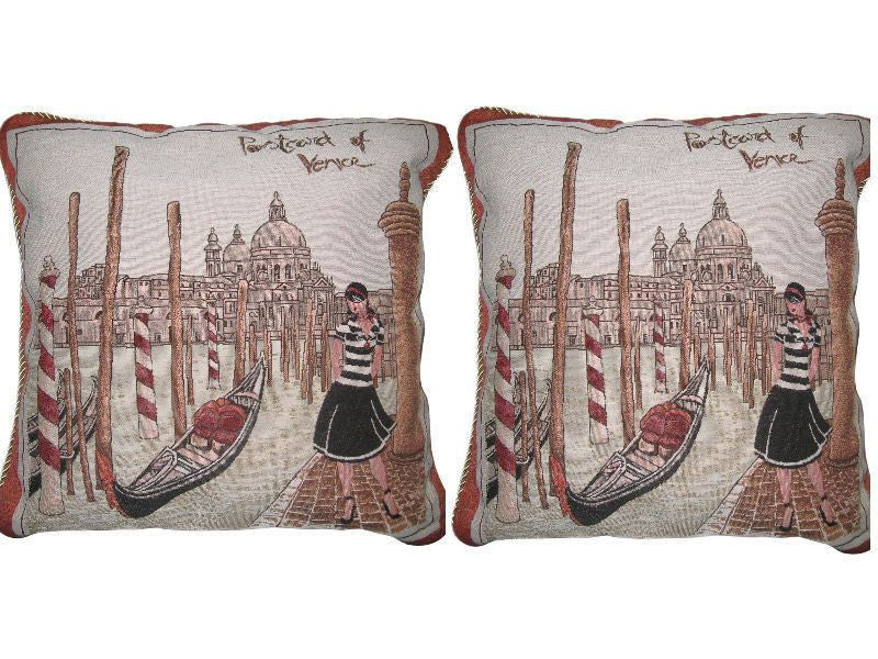 Set of Two Postcard of Venice Elegant Novelty Woven Square Throw Toss Accent Cushion Cover Pillow with Inserts - 2-Pieces - 18" x 18" (CC45X45CMG14420) - Stores Basement - Discount Bedding