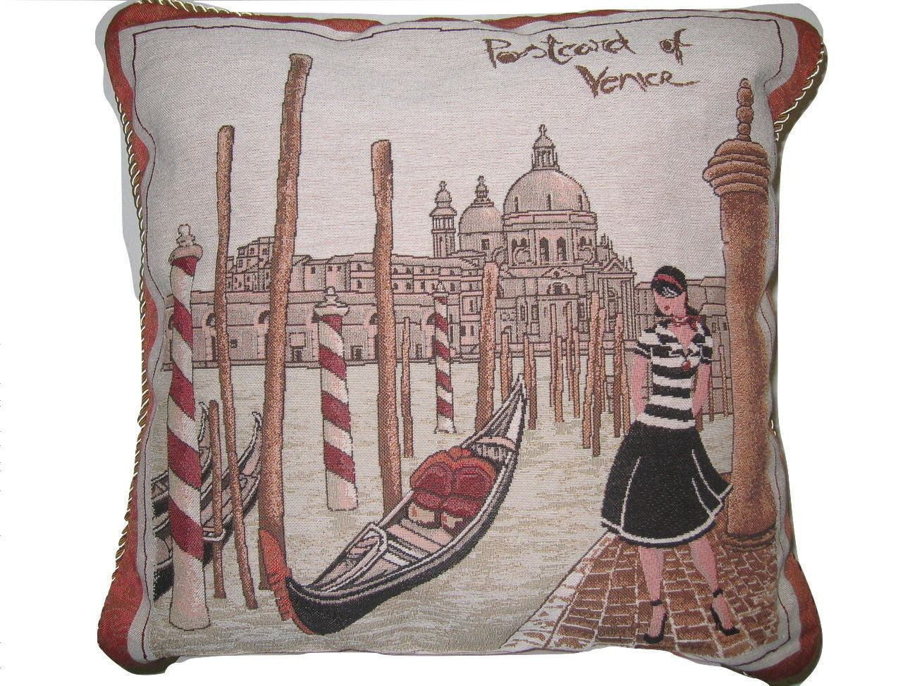 Set of Two Postcard of Venice Elegant Novelty Woven Square Throw Toss Accent Cushion Cover Pillow with Inserts - 2-Pieces - 18" x 18" (CC45X45CMG14420) - Stores Basement - Discount Bedding
