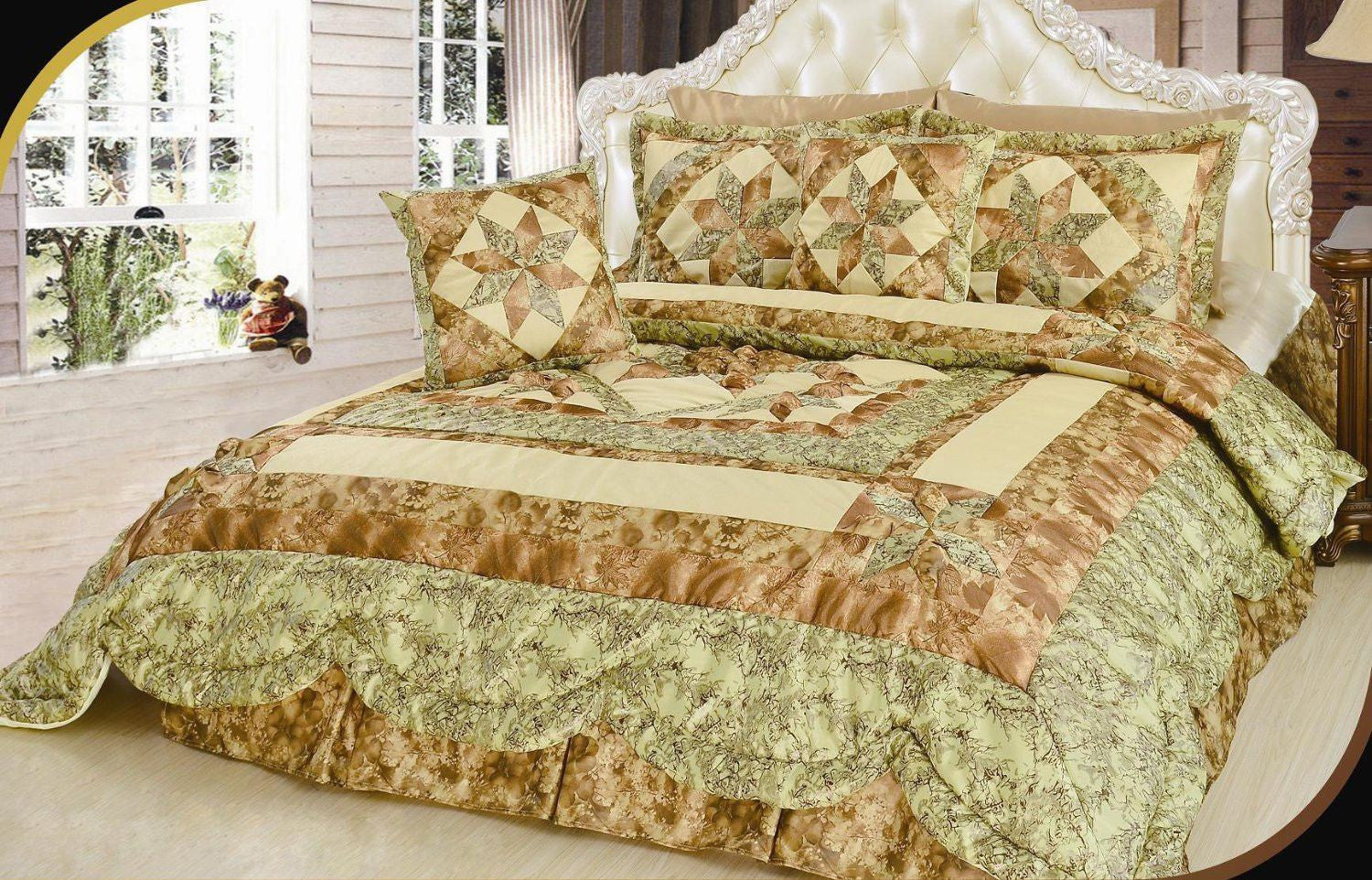 Geometric Star-Crossed Lovers Floral Sandy Beige Green Embellished Ruffles Coverlet Bedspread Comforter Set (BM6118L-1) - Stores Basement - Discount Bedding
