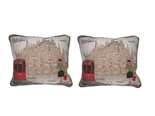 Set of Two Postcard of Milan Elegant Novelty Woven Square Throw Toss Accent Cushion Cover Pillow with Inserts - 2-Pieces - 18" x 18" (CC45X45CMG14421) - Stores Basement - Discount Bedding