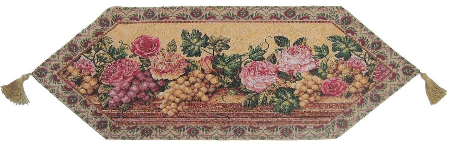 Romantic Parade of Fruit and Roses Floral Beige Pink Woven Place Mat Table Runners Cloths (14426) - Stores Basement - Discount Bedding