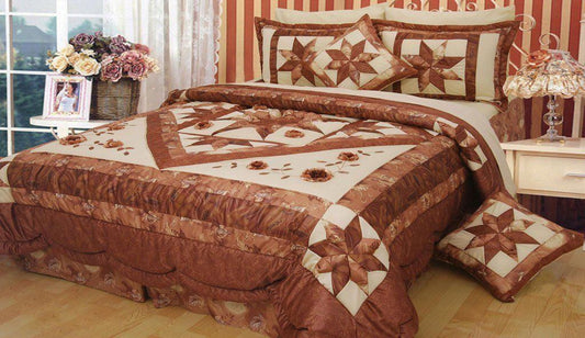 Diamond of Night Embellished Brown Beige Floral Stars Ruffles Bedspread Comforter Set (BM915L) - Stores Basement - Discount Bedding