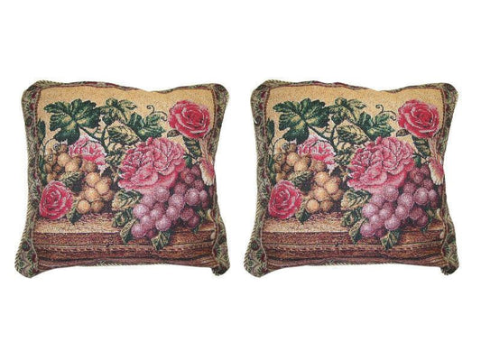 Set of Two Romantic Parade of Fruit & Roses Floral Elegant Novelty Woven Square Throw Toss Accent Cushion Cover Pillow with Inserts - 18" x 18" - Stores Basement - Discount Bedding