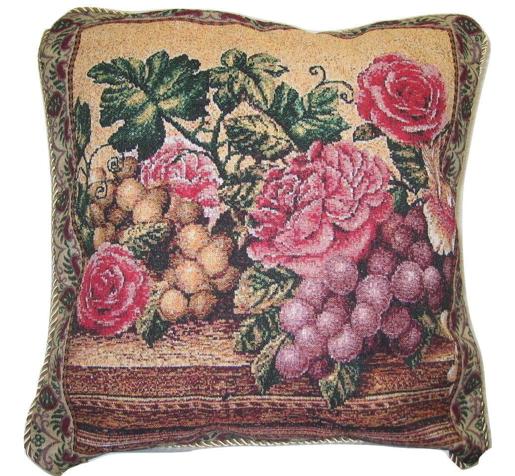 Set of Two Romantic Parade of Fruit & Roses Floral Elegant Novelty Woven Square Throw Toss Accent Cushion Cover Pillow with Inserts - 18" x 18" - Stores Basement - Discount Bedding