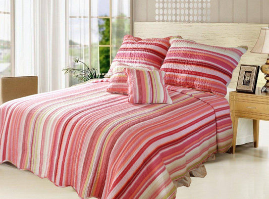 Lovely Stunning Stripes Red & Pink Reversible Quilted Coverlet Bedspread Set (DXJ101824) - Stores Basement - Discount Bedding
